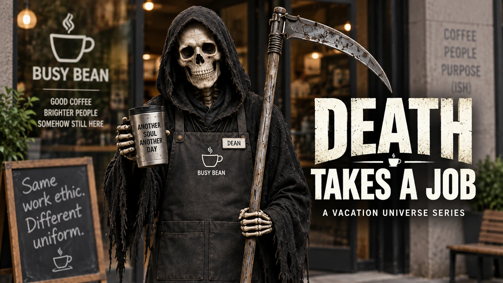 Death outside Busy Bean with his coffee mug and scythe, beside the Death Takes a Job series title