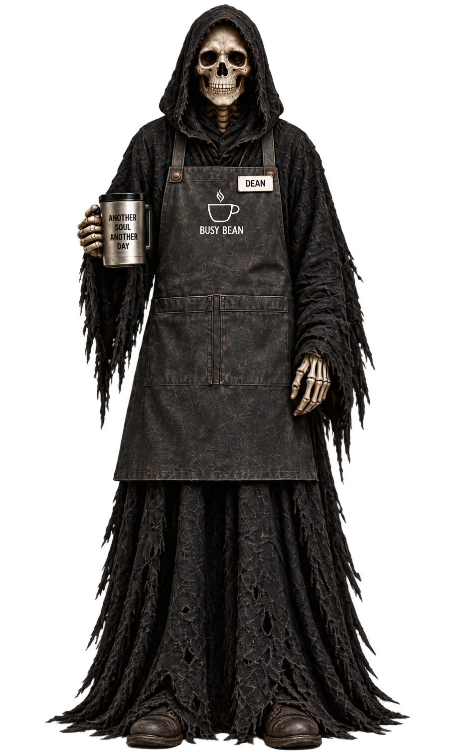 Death in his Busy Bean apron with his coffee mug