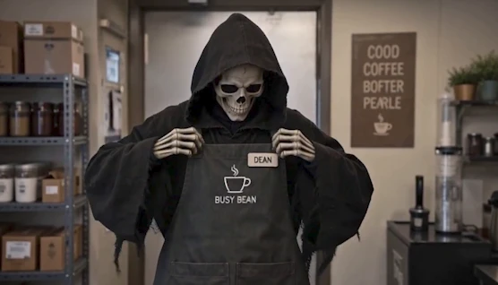 Death adjusting his Busy Bean apron