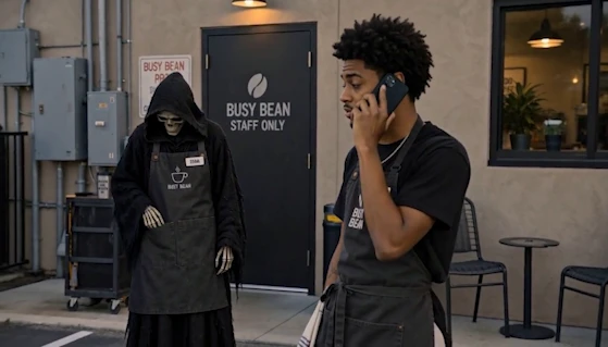 Riley on the phone with Death beside the Busy Bean staff entrance